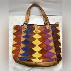 Vtg Lucky Brand Multi Color Scallop Patchwork Suede Leather Shoulder Bag Boho